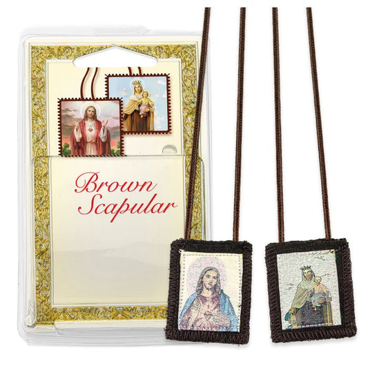 Sacred Heart and Our Lady of Mt. Carmel Genuine Brown Wool Scapular in Deluxe Packaging. 22" Brown Cord