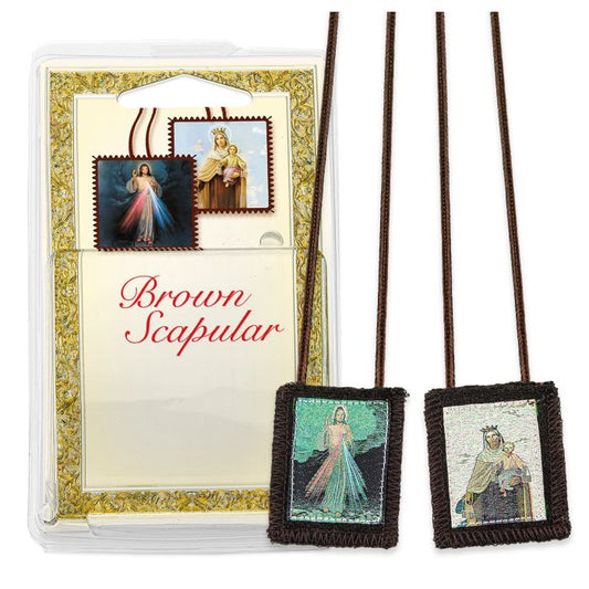 Divine Mercy and Our Lady of Mt. Carmel Wool Brown Scapular in Deluxe Packaging