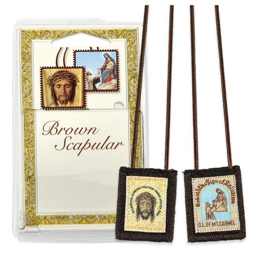 Holy Face of Jesus and Our Lady of Mt. Carmel Brown Wool Scapular in Deluxe Packaging