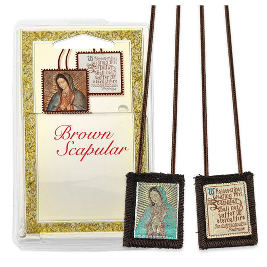 Our Lady of Guadalupe Bust Brown Wool Scapular in Deluxe Packaging