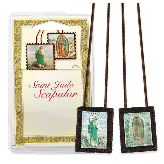St. Jude and Our Lady of Guadalupe Brown Woven Scapular in Deluxe Packaging
