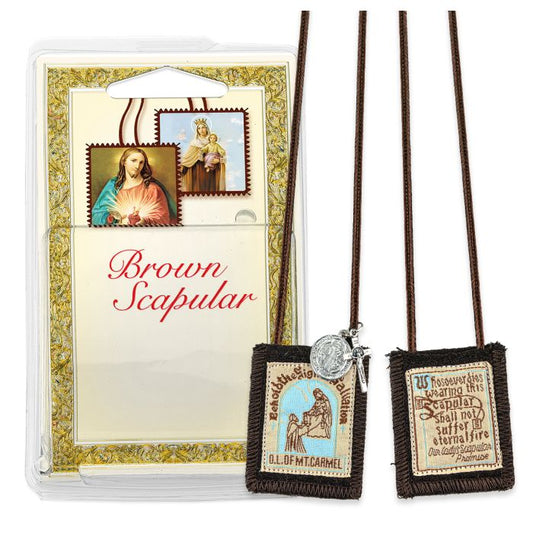 Our Lady of Mount Carmel Genuine Brown Wool Scapular with St. Benedict Medal and Crucifix in Deluxe Packaging