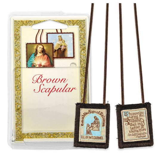 Our Lady of Mount Carmel Genuine Brown Wool Scapular in Deluxe Packaging.
