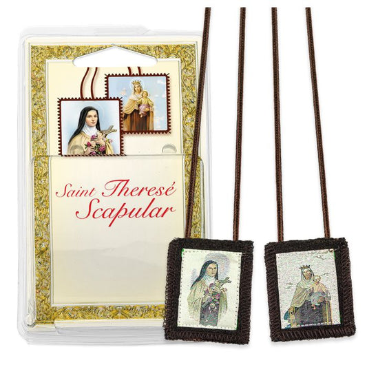 St. Therese and Our Lady of Mt. Carmel Brown Wool Scapular in Deluxe Packaging