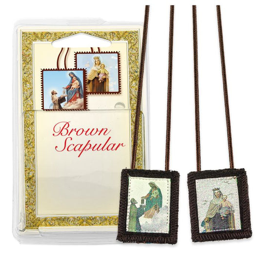 St. Simon and Our Lady of Mt. Carmel Brown Woven Scapular in Deluxe Packaging