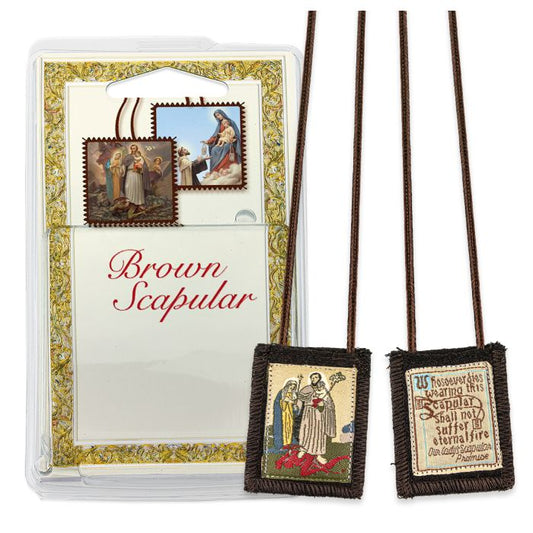 St. Joseph Terror of Demons Genuine Brown Wool Scapular in Deluxe Packaging.
