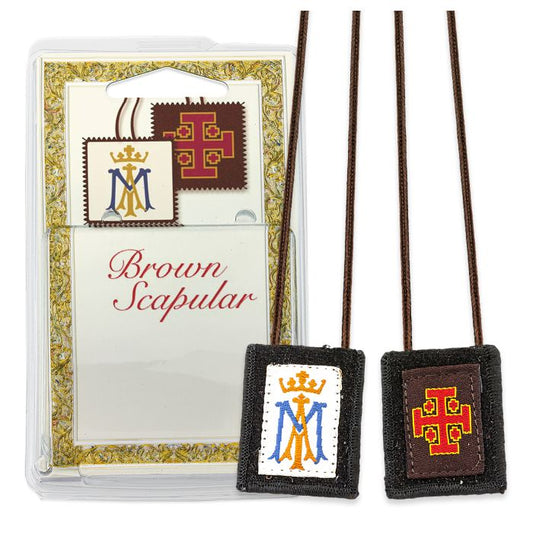 Ave Maria and Jerusalem Cross Genuine Wool Brown Scapular in Deluxe Packaging. 22"