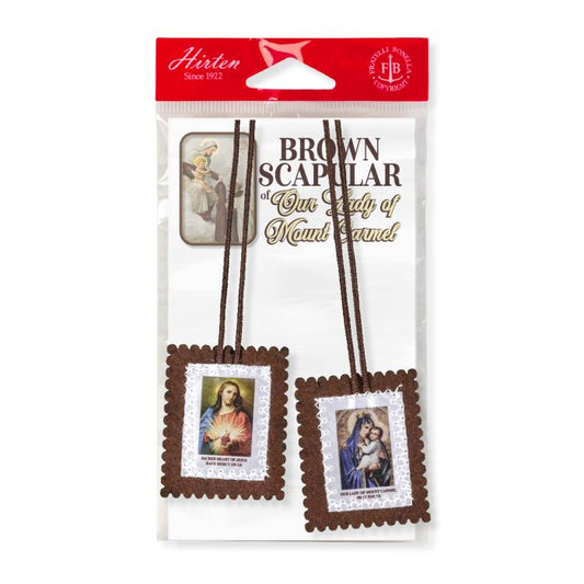Our Lady of Mount Carmel and Sacred Heart of Jesus Brown Felt Scapular on 22" Brown Cords. Carded