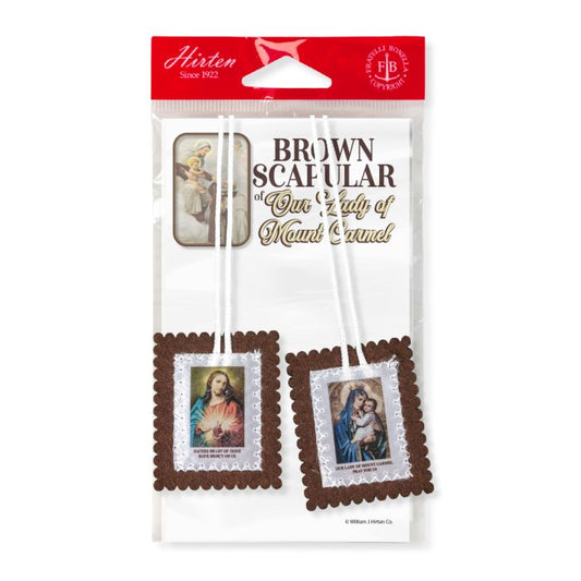 Our Lady of Mount Carmel and Sacred Heart of Jesus Brown Felt Scapular on 2 21" White Cords. Carded