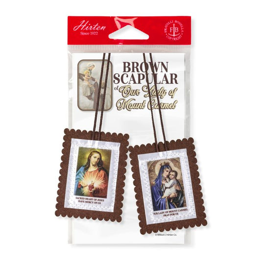 Large Brown Felt Scapular with Cloth Image on 22" Brown Cords. Carded