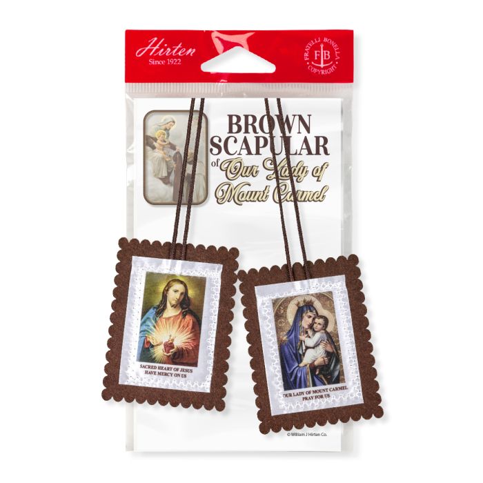 Large Brown Felt Scapular with Cloth Image on 22 Inch Cords