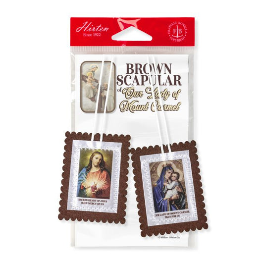 Large Brown Felt Scapular with Cloth Image on 22" White Cords. Carded