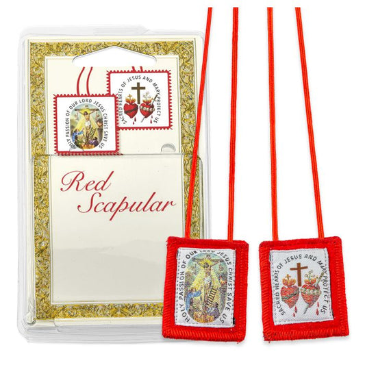 Crucifixion and Sacred Hearts Red Wool Scapular in Deluxe Packaging