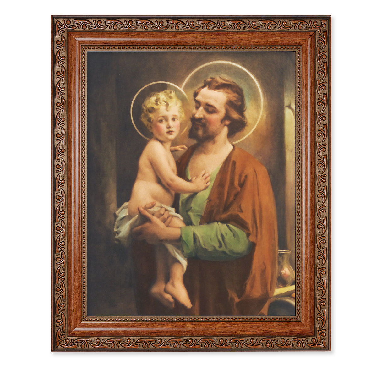 St. Joseph with Jesus Picture Framed Wall Art Decor Large, Antiqued Dark Mahogany Finish Frame with Acanthus-Leaf Detailing