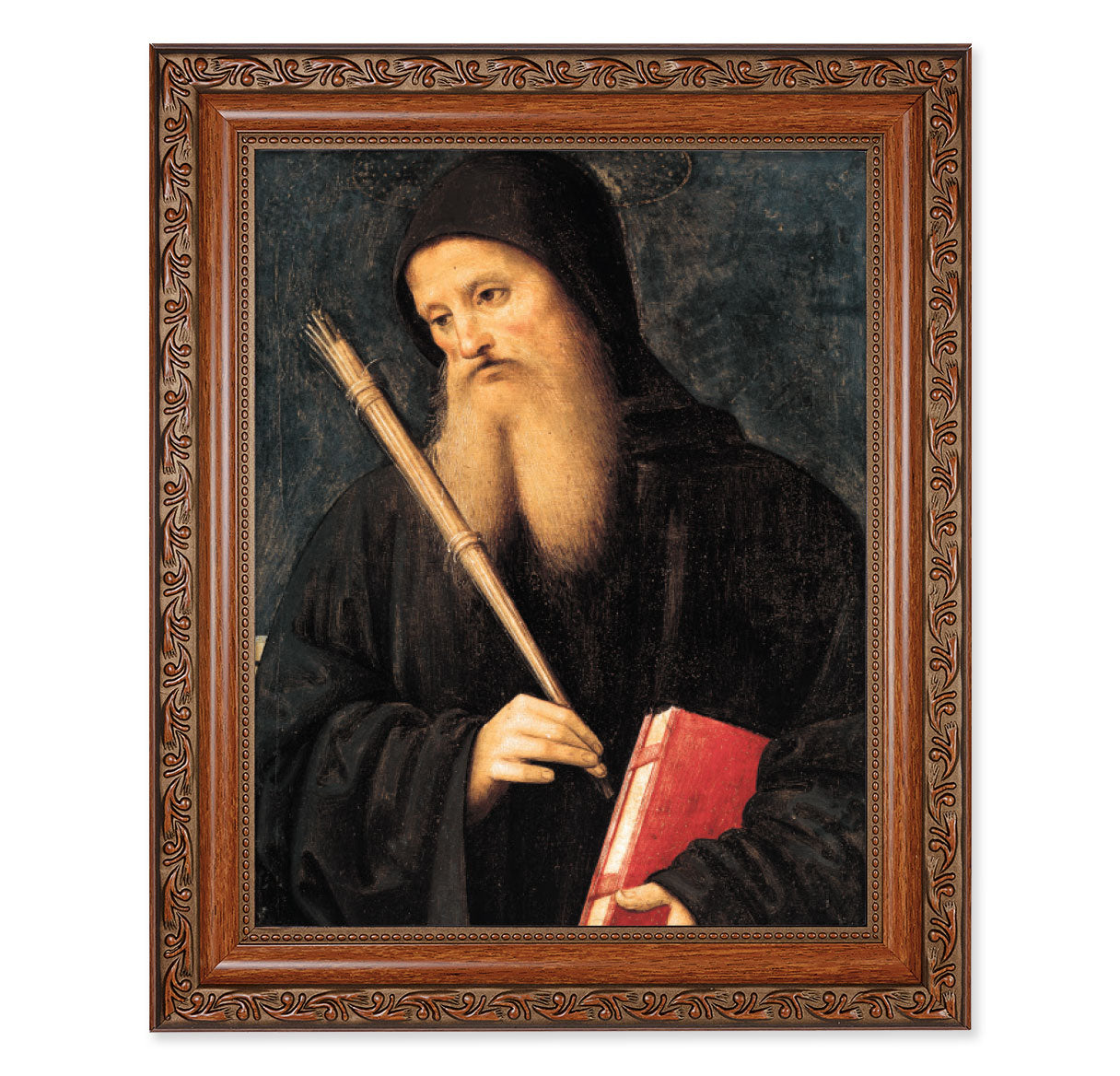 St. Benedict Picture Framed Wall Art Decor Large, Antiqued Dark Mahogany Finish Frame with Acanthus-Leaf Detailing