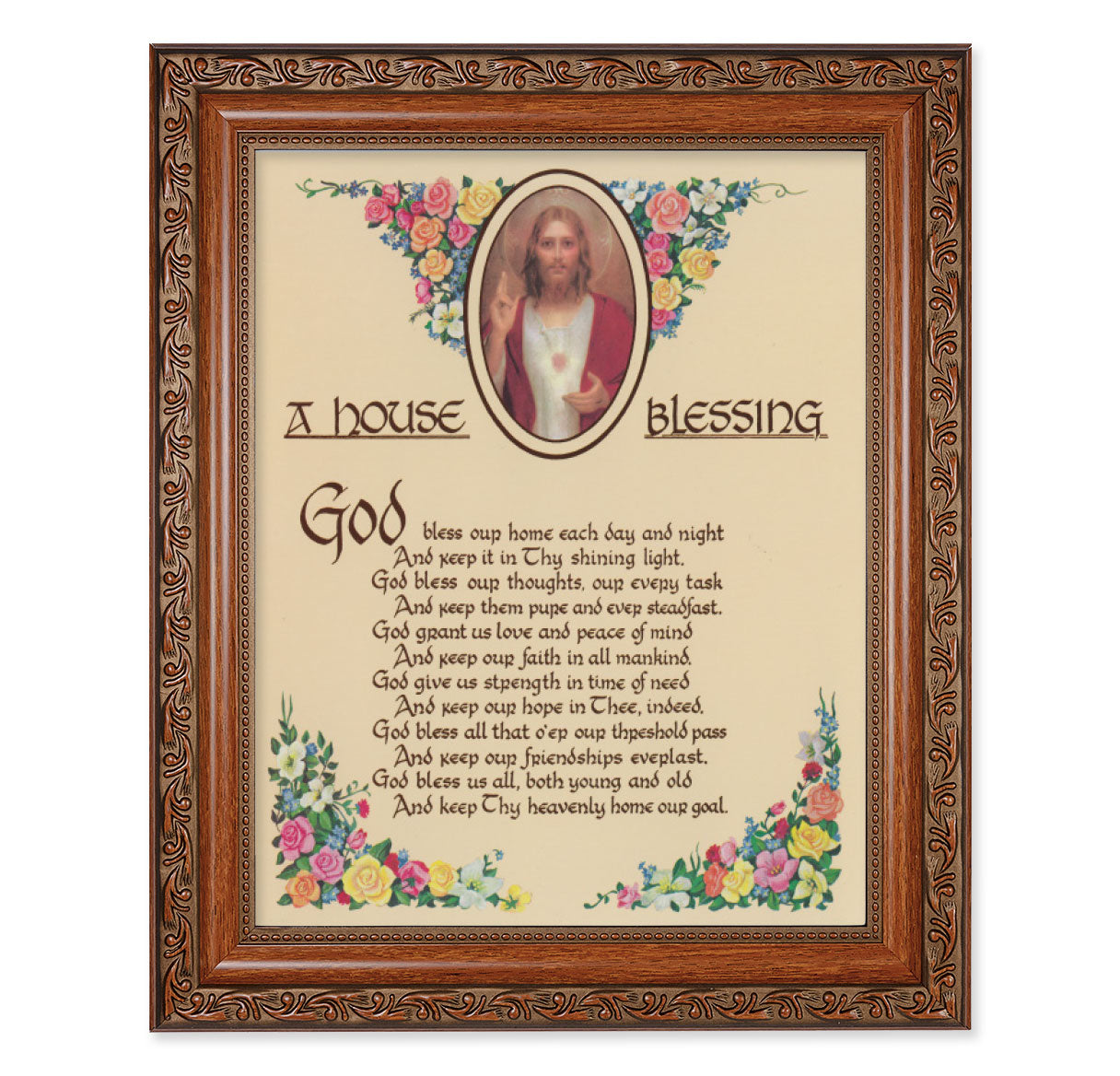 House Blessing Picture Framed Wall Art Decor, Large, Antiqued Dark Mahogany Finish Frame with Acanthus-Leaf Detailing