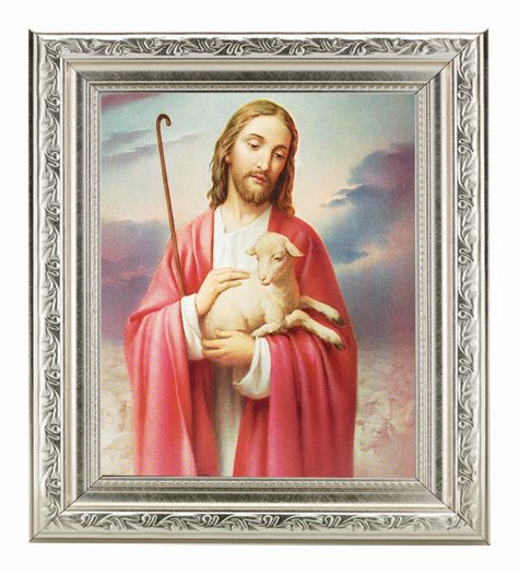 Good Shepherd Picture Framed Wall Art Decor Medium Antique Silver Frame