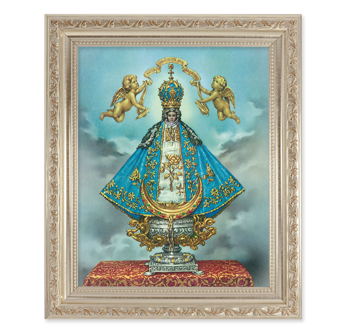 Virgen de San Juan Picture Framed Wall Art Decor Large, Anitque Silver Finely Detaild Frame with Carved Scrollwork
