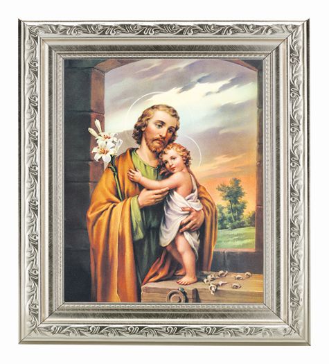 St. Joseph Picture Framed Wall Art Decor, Large Antique Silver Frame
