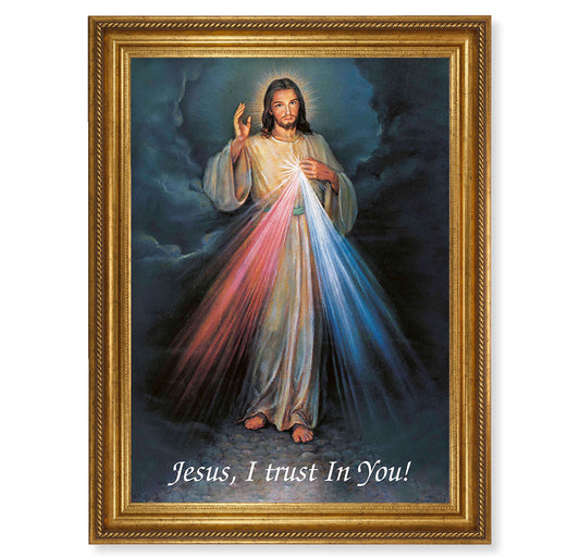 Divine Mercy Picture Framed Wall Art Decor Large, Antique Gold-Leaf Frame with Rope Detailing