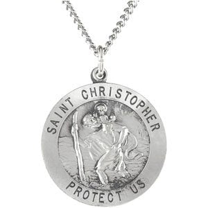 Extel Medium Sterling Silver Mens Womens Religious Catholic St. Christopher Patron Saint Medal Pendant Charm with 24" Necklace