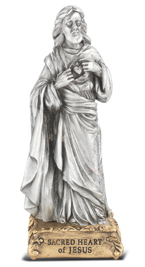 Small Catholic 4 1/2" Sacred Heart of Jesus Pewter Statue Figurine On Base, Made in USA
