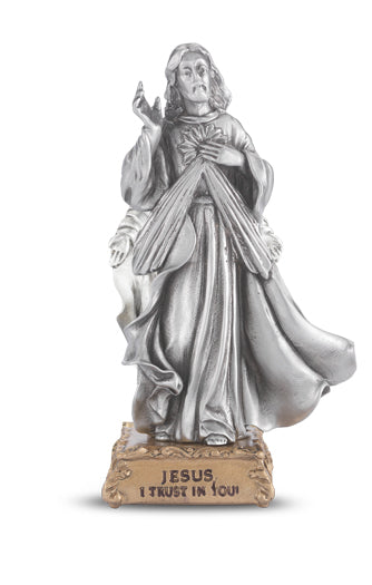 Small Catholic 4 1/2" Divine Mercy Pewter Statue Figurine On Base, Made in USA