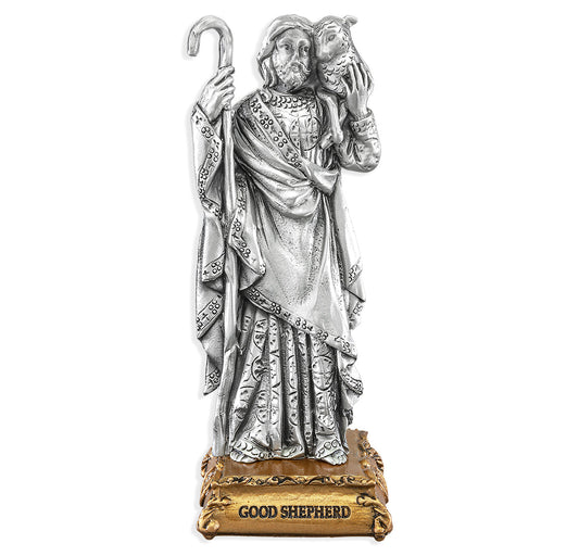 Small Catholic 4 1/2" Good Shepherd Pewter Statue Figurine On Base, Made in USA