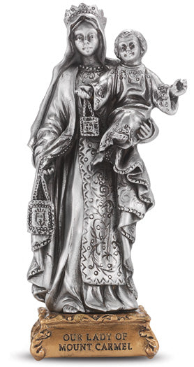Small Catholic 4 1/2" Our Lady of Mt. Carmel Pewter Statue Figurine On Base, Made in USA
