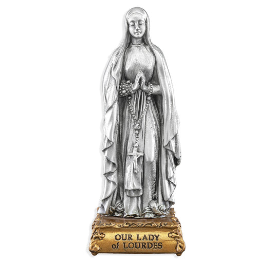 Small Catholic 4 1/2" Our Lady of Lourdes Pewter Statue Figurine On Base, Made in USA