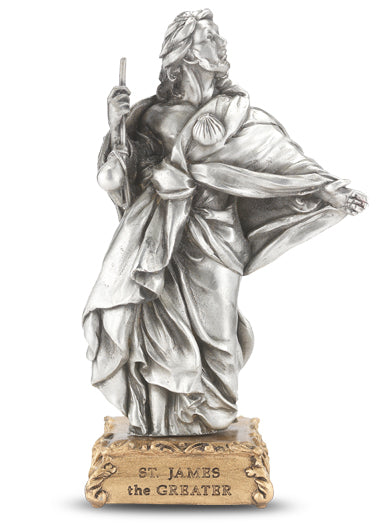 Small Catholic 4 1/2" St. James The Greater Pewter Statue Figurine On Base, Made in USA