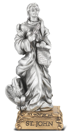 Small Catholic 4 1/2" St. John The Evangelist Pewter Statue Figurine On Base, Made in USA
