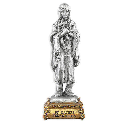 Small Catholic 4 1/2" Saint Kateri Tekakwitha Pewter Statue Figurine On Base, Made in USA