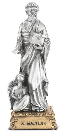 Small Catholic 4 1/2" St. Matthew Pewter Statue Figurine On Base, Made in USA