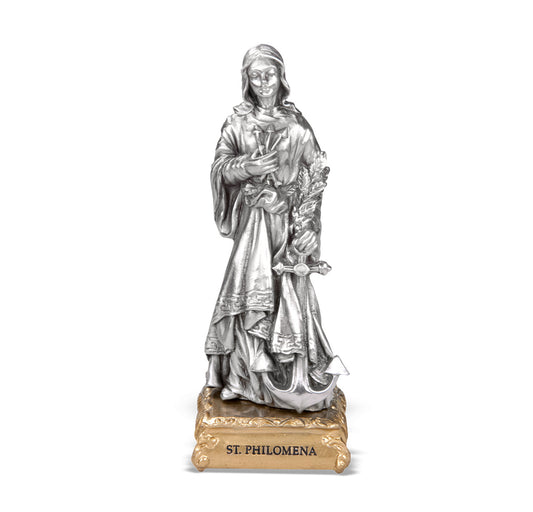 Small Catholic 4 1/2" Saint Philomena Pewter Statue Figurine On Base, Made in USA