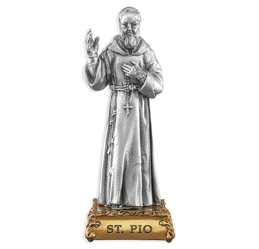 Small Catholic 4 1/2" Saint Pio Pewter Statue Figurine On Base, Made in USA