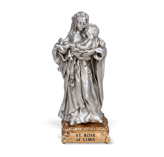 Small Catholic 4 1/2" Saint Rose Oflima Pewter Statue Figurine On Base, Made in USA