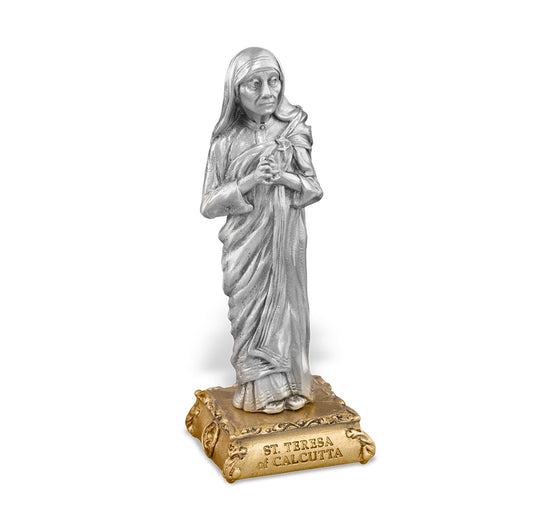 Small Catholic 4 1/2" Saint Teresa of Calcutta Pewter Statue Figurine On Base, Made in USA