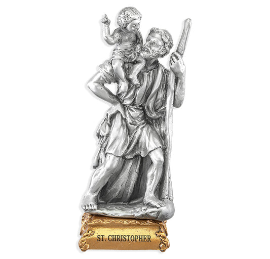 Small Catholic 4 1/2" Saint Christopher Pewter Statue Figurine On Base, Made in USA