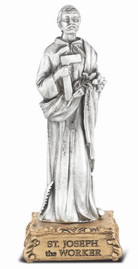 Small Catholic 4 1/2" St. Joseph The Worker Pewter Statue Figurine On Base, Made in USA