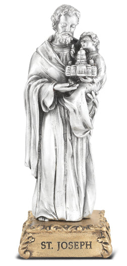 Small Catholic 4 1/2" St. Joseph Pewter Statue Figurine On Base, Made in USA