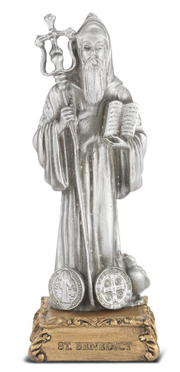 Small Catholic 4 1/2" St. Benedict Pewter Statue Figurine On Base, Made in USA