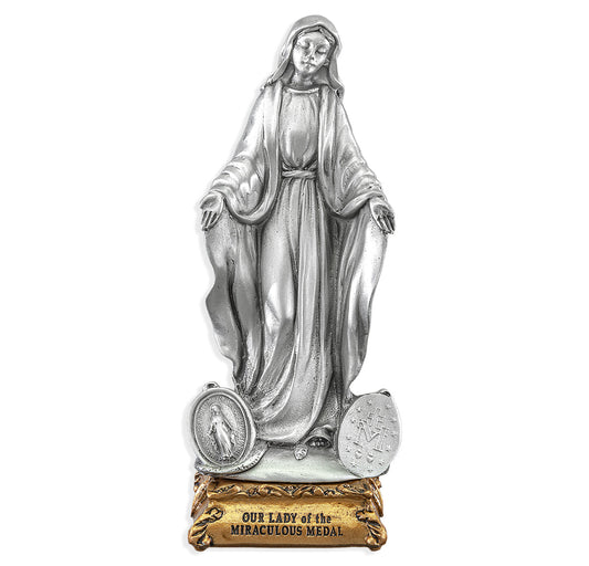 Small Catholic 4 1/2" Our Lady of Miraculous Medal Pewter Statue Figurine On Base, Made in USA
