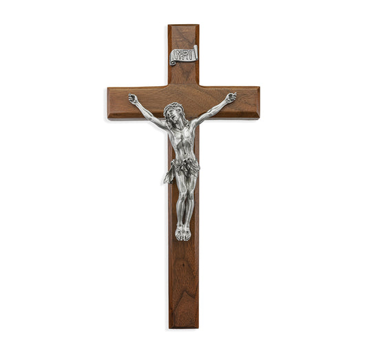 Large Catholic Walnut Wood Wall Crucifix 12 Inch Decor