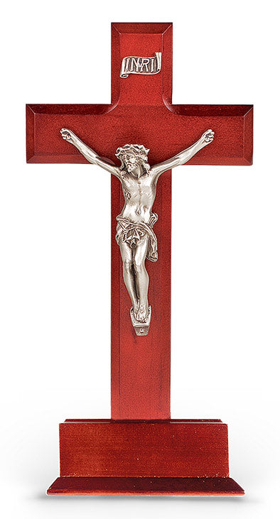 Large Catholic Dark Cherry Wood Standing Crucifix, 10", for Home, Office