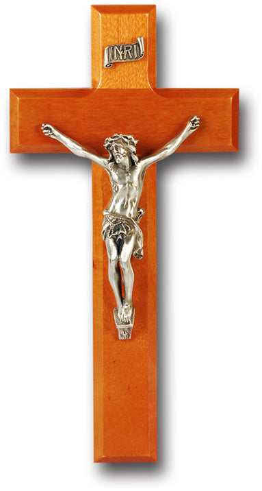 Medium Catholic Natural Cherry Wood Wall Crucifix, 9", for Home, Office, Over Door