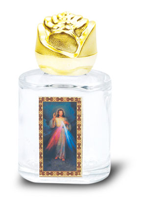 Divine Mercy Small Holy Water Bottle with Gold Rose Cap