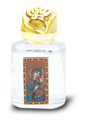 Our Lady of Perpetual Help Small Holy Water Bottle with Gold Rose Cap