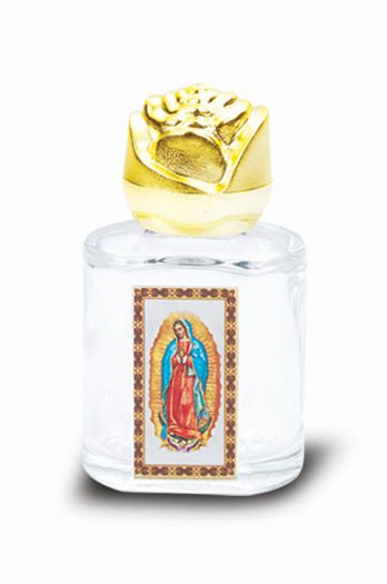 Our Lady of Guadalupe Small Holy Water Bottle with Gold Rose Cap