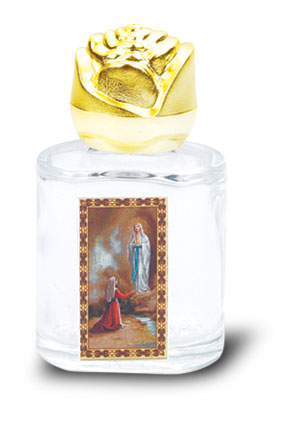 Our Lady of Lourdes Small Holy Water Bottle with Gold Rose Cap